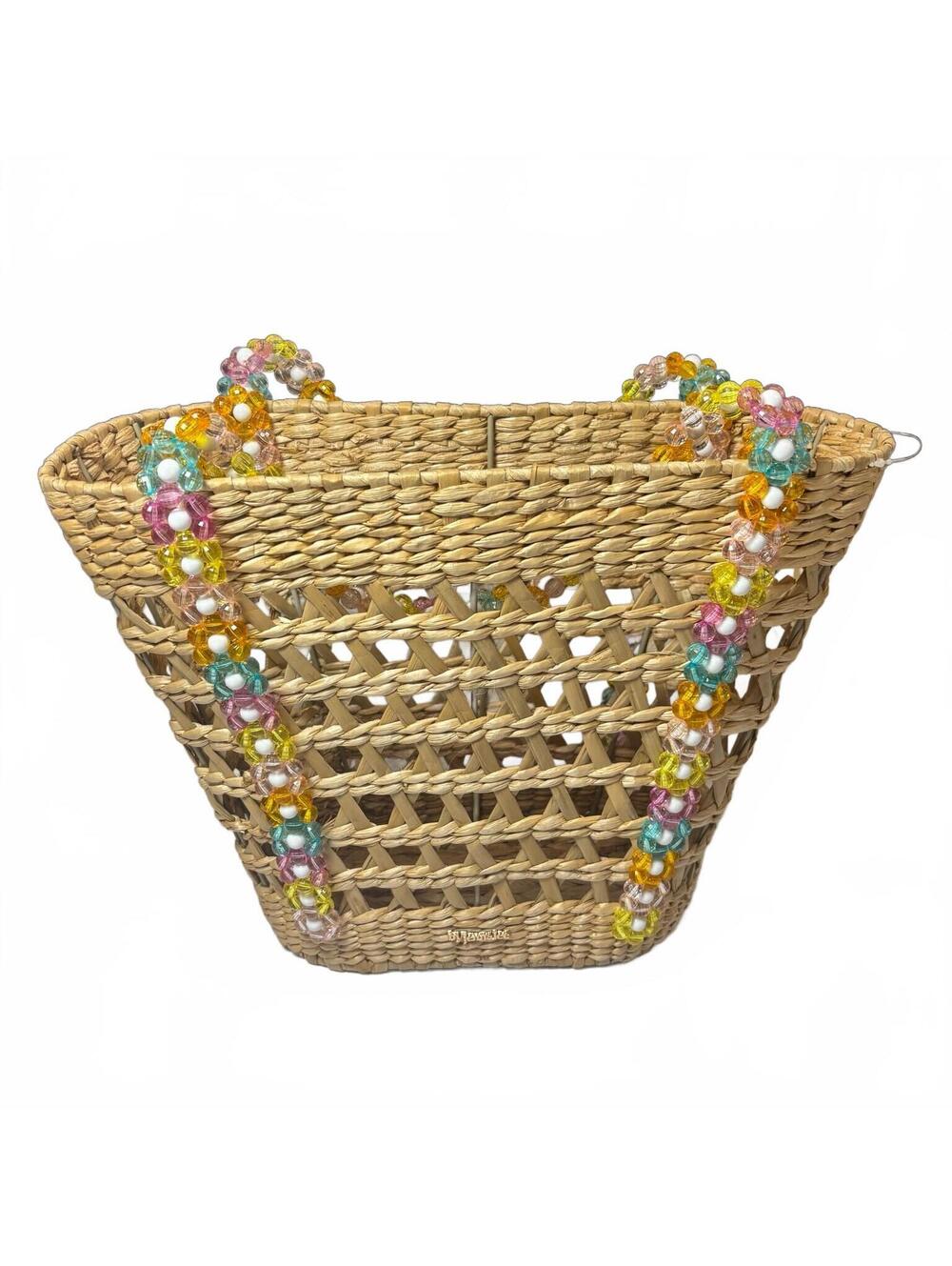 By Jenna Lee Beaded Beach Bag Tote Multicolor Floral Straw Woven Basket